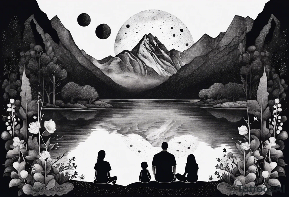 a family of three sitting in a nature with mountains, waterfall, water, and a cross in the background and and moon in the sky with stars tattoo idea