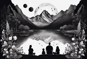 a family of three sitting in a nature with mountains, waterfall, water, and a cross in the background and and moon in the sky with stars tattoo idea