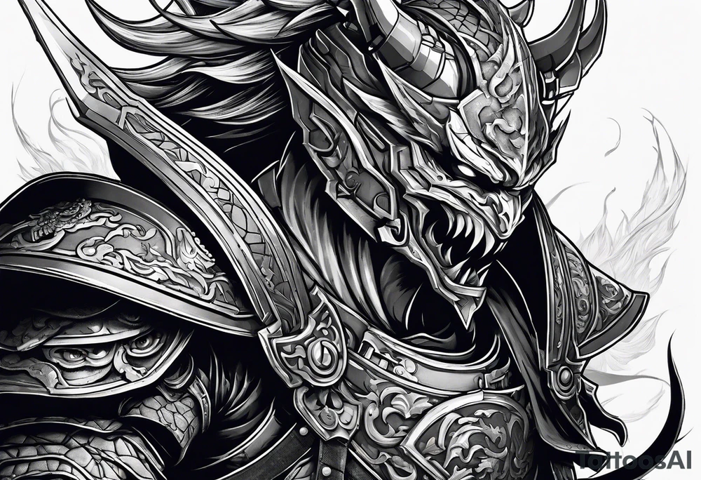 Angry demon Modern robot ninja with demon mask with swords in hands fighting dragon tattoo idea