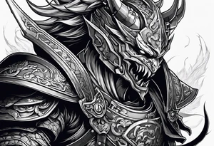 Angry demon Modern robot ninja with demon mask with swords in hands fighting dragon tattoo idea
