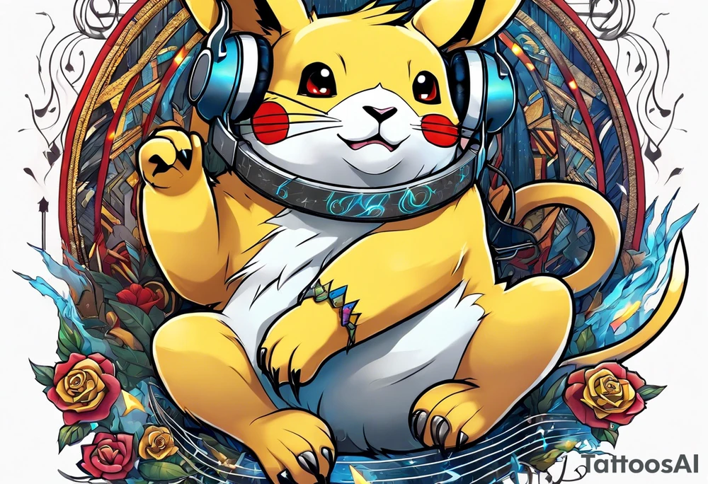 pickachu sitting next to a lion listening to music with music notes and thunder bolts tattoo idea