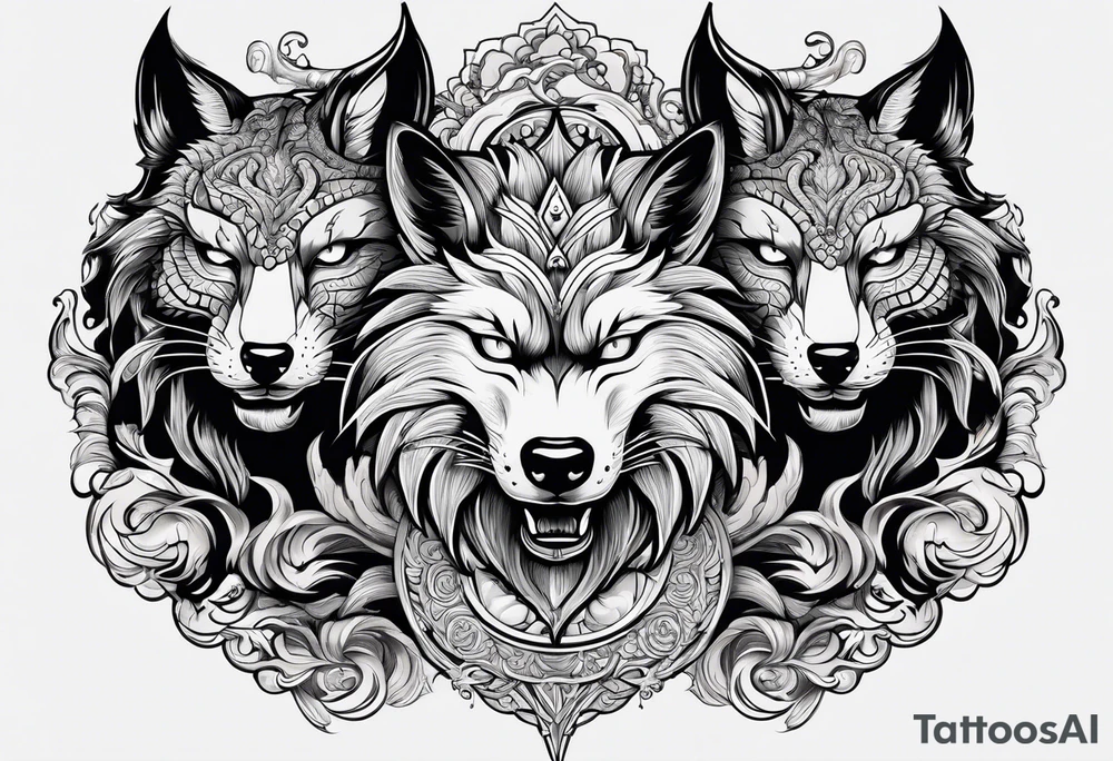 three animal heads merged: 

1. A chinese dragons head (on the left)
2. A Feline cats head(in the middle)
3. A Wolves Head (on the right) tattoo idea