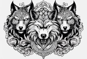 three animal heads merged: 

1. A chinese dragons head (on the left)
2. A Feline cats head(in the middle)
3. A Wolves Head (on the right) tattoo idea