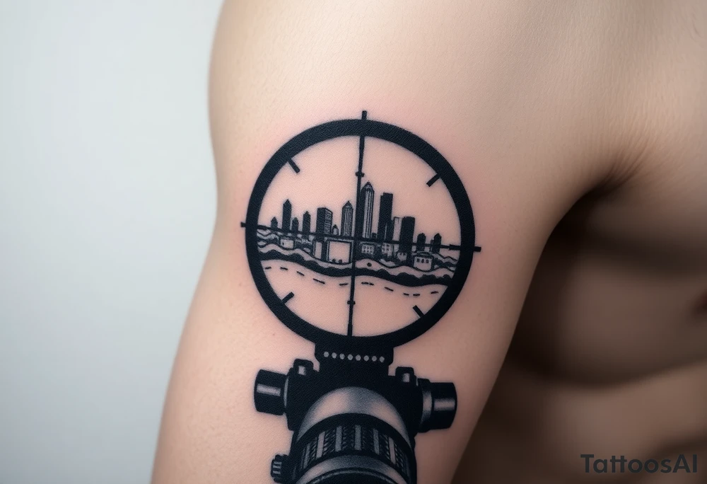 scope crosshairs with eerie Los Angeles city horizon in background tattoo idea