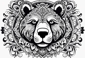 Tribal bear face with flower ear tattoo idea