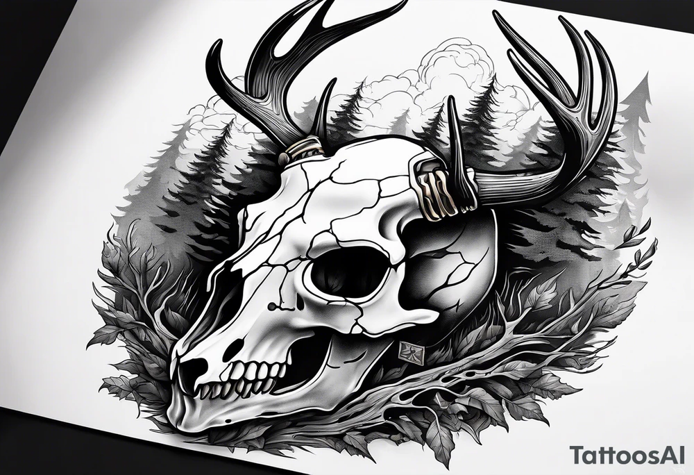 A side view of a decayed deer skull JUST BONE surrounded by trees and fire in background tattoo idea