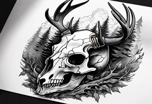A side view of a decayed deer skull JUST BONE surrounded by trees and fire in background tattoo idea