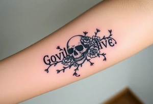 gothic skull intertwined with climbing roses and thorny vines tattoo idea