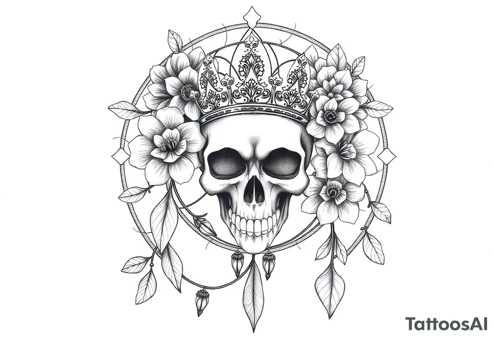 Mandala dream catcher with detailed beautiful gothic boho flowers on vine and skull with gorgeous crown tattoo idea
