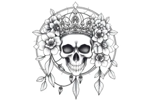 Mandala dream catcher with detailed beautiful gothic boho flowers on vine and skull with gorgeous crown tattoo idea