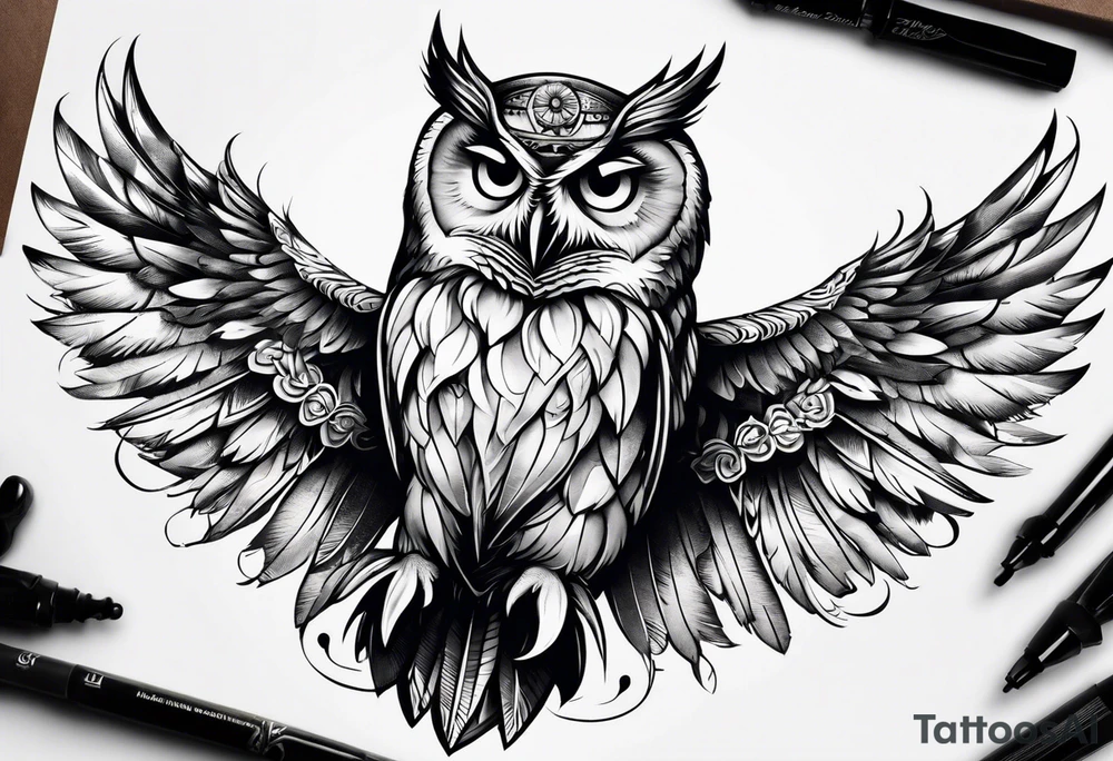 Owl with wings open and Libra scale on its claws tattoo idea
