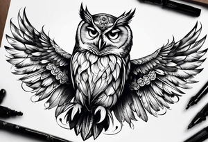 Owl with wings open and Libra scale on its claws tattoo idea