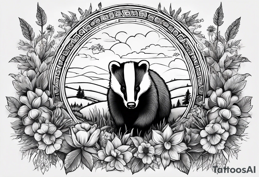 A badger with a cub in a field of flowers, including an open fireplace and a cannabis leaf realistic in center and getting more trippy and black towards the edges tattoo idea