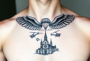 tattoo on the left side of the chest, paratrooper wings in the clouds with mi17 helicopters and paratroopers on their feet and below the church of cyril and methodius from prague tattoo idea