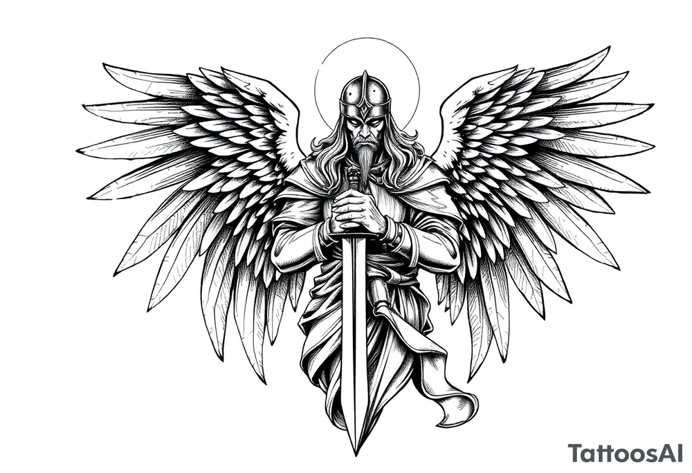 Holy Archangel, Biblical, Christianity, Hebrew, Guards of Christianity, Holding a sword, having six wings, wearing helmet, halo, seraphim, seek justice, walk only with God tattoo idea