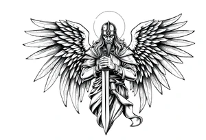 Holy Archangel, Biblical, Christianity, Hebrew, Guards of Christianity, Holding a sword, having six wings, wearing helmet, halo, seraphim, seek justice, walk only with God tattoo idea