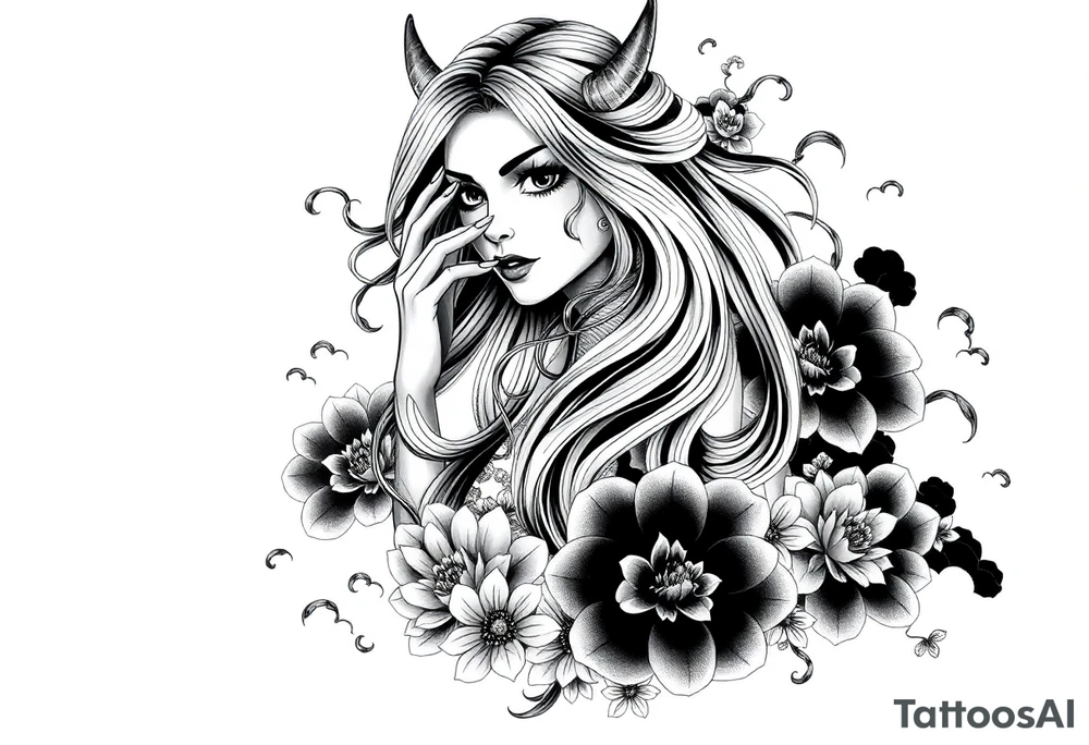 Prompt:

Full sleeve Japanese-inspired tattoo design featuring a beautiful female oni (demon woman) with an elegant, mysterious expression, one hand partially covering her face, long flowing hair integrated into swirling wind and wave patterns, large detailed chrysanthemums and peonies woven through the composition, dynamic negative space with bold black fills and smooth gradients, traditional Japanese cloud and water motifs, high-contrast black and grey with soft shading and sharp linework, balanced composition wrapping around the arm, modern neo-Japanese illustrative style.

Style tags:
– High contrast black and grey
– Neo-Japanese tattoo
– Traditional Japanese motifs
– Sleeve layout design
– Chrysanthemums, peonies, wind bars, waves
– Female oni portrait tattoo idea