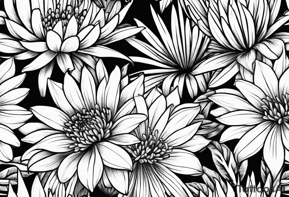 Asters, lillies, and chrysanthemums in a long line tattoo idea