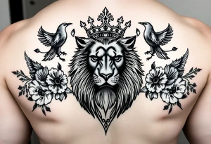 powerful majestic lion with a crown, surrounded by floral ornaments and birds tattoo idea