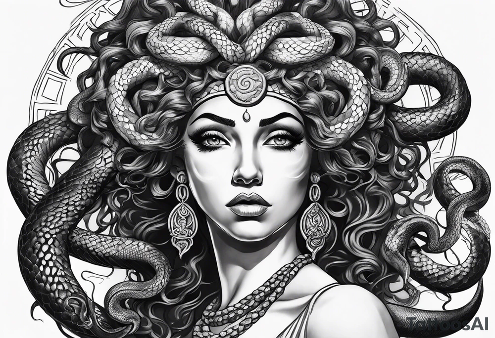 Realistic Medusa with Snake Eyes, hands on her cheek looking scared with a greek background tattoo idea