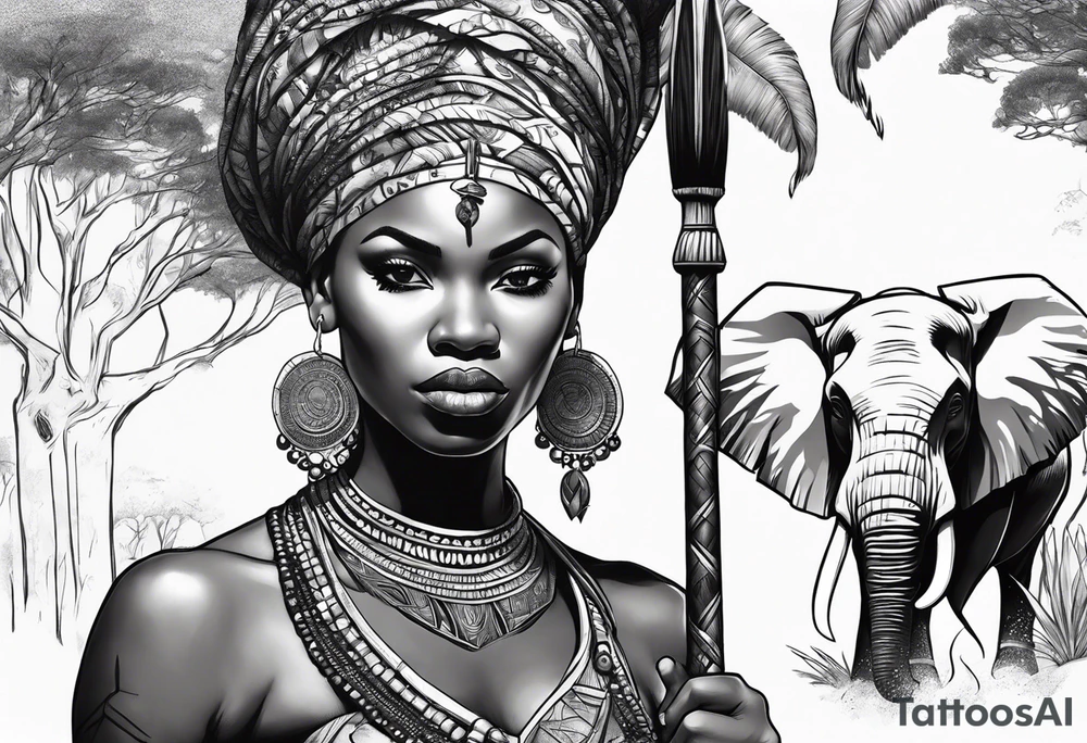 African woman warrior holding spear with ear rings and trees and brids and elephants in the background tattoo idea