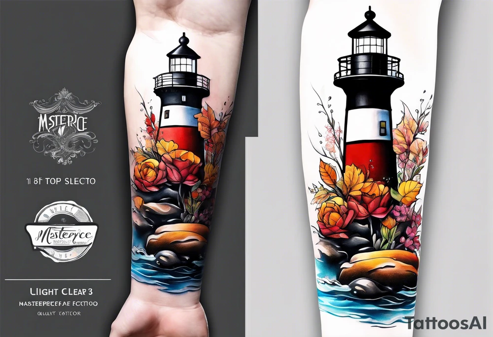 Arm sleeve with fall colors, various flowers, water flow, water splash, light house tattoo idea