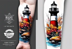 Arm sleeve with fall colors, various flowers, water flow, water splash, light house tattoo idea