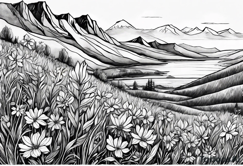 4-6in in length line - wildflower in watercolor represents overcoming challenges & strength - mountains, waves with a little sunshine tattoo idea
