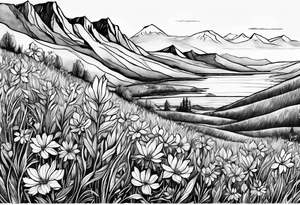 4-6in in length line - wildflower in watercolor represents overcoming challenges & strength - mountains, waves with a little sunshine tattoo idea