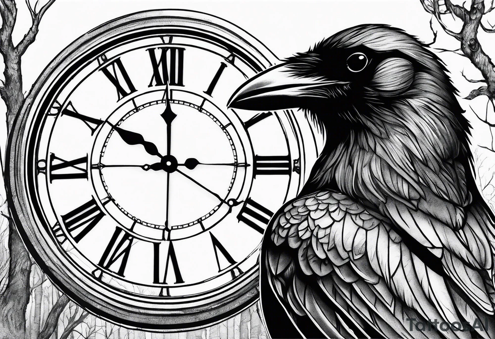 crow looking back twisted neck into forest inside a old clock tattoo idea crow looking back twisted neck into forest inside a old clock tattoo idea