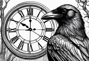 crow looking back twisted neck into forest inside a old clock tattoo idea