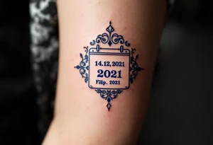 Calendar icon with highlighted date 14.12.2021 and the name "Filip" in royal blue below. tattoo idea