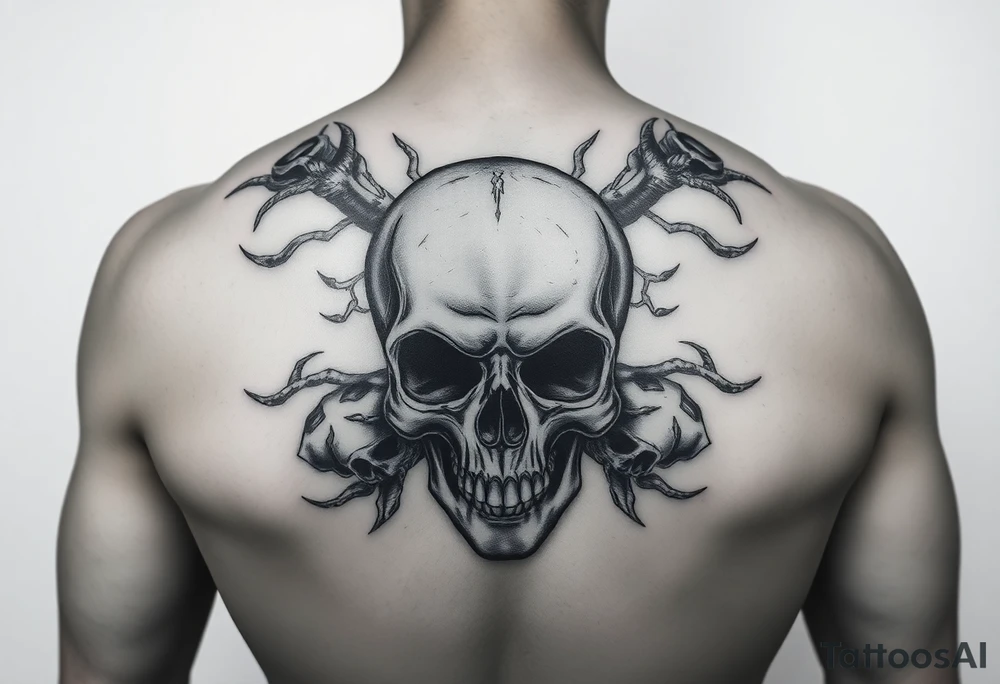 hyper realistic black and grey skull back tattoo,
one dominant central skull,
extreme depth and high contrast,
minimal background,
no extra skulls,
no cemetery,
clean composition,
tattoo ready,
long term readability,
full back placement tattoo idea