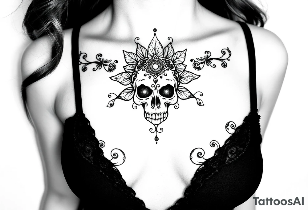 Stunning underboob tattoo with lace and elegant mandala skull tattoo idea