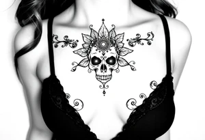 Stunning underboob tattoo with lace and elegant mandala skull tattoo idea