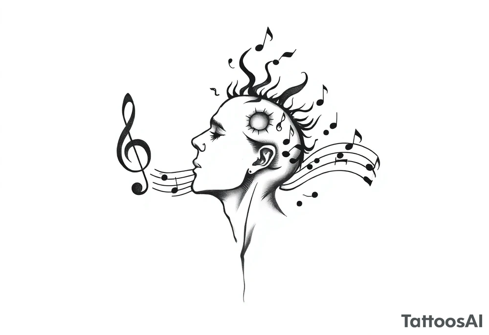head breaking open into music notes tattoo idea