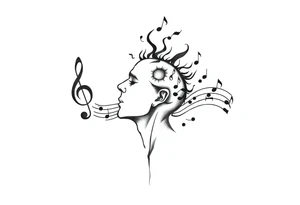 head breaking open into music notes tattoo idea
