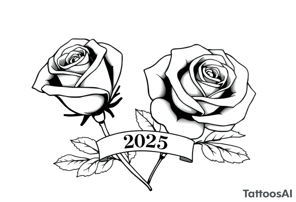 two beautiful large rose buds, one larger than the other, with many leaves next to the rose buds, with one sitting slightly higher than the other, side-by-side.  Include a banner connecting the two roses with the year 2025 on it.   Use dark outlines with little shading. No stems tattoo idea