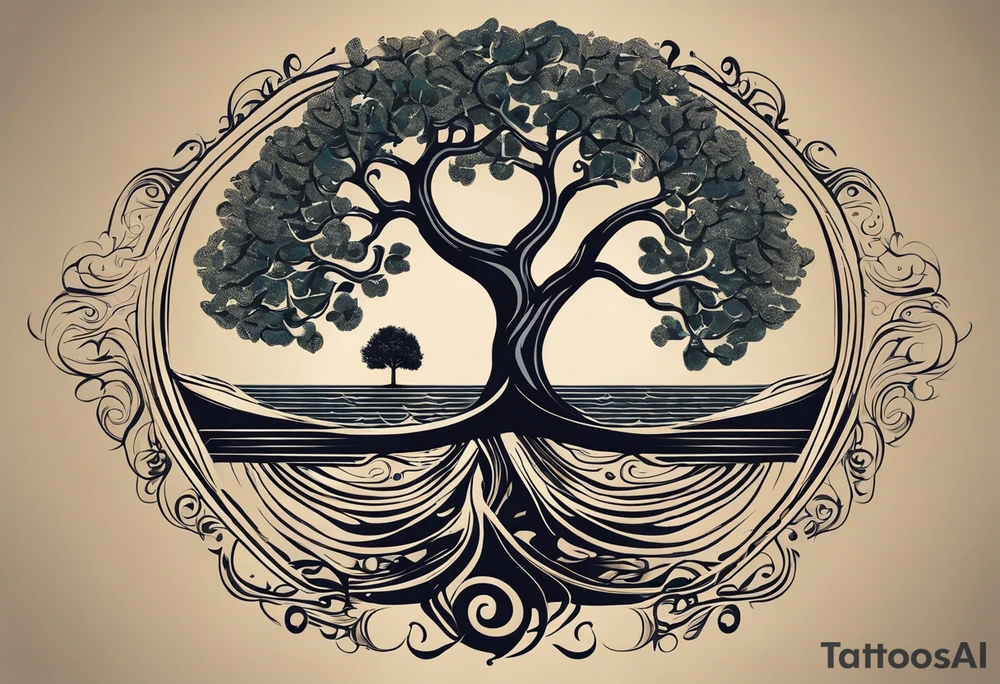 A tattoo design that incorporates the following elements: an abstract tree of life that has roots emerging  from the ground. Waves of water encapsulate the tree and wind around it in an organic way.  Incorporate music.   the letters U and A are overlapping and engraved into the tree. The game of golf incorporated but not prominent. tattoo idea