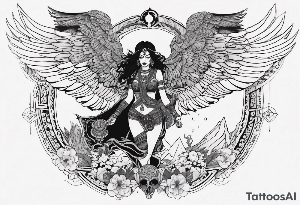 black kali, goddess pirate, alien, angel, pachamama, valkrye, warrior, flying, skull, lotus azul, wing, eagle, zenza resonance, stars, 5D, anahata chakra, death, durga, riding on a tiger, flying lady, chest tatoo tattoo idea