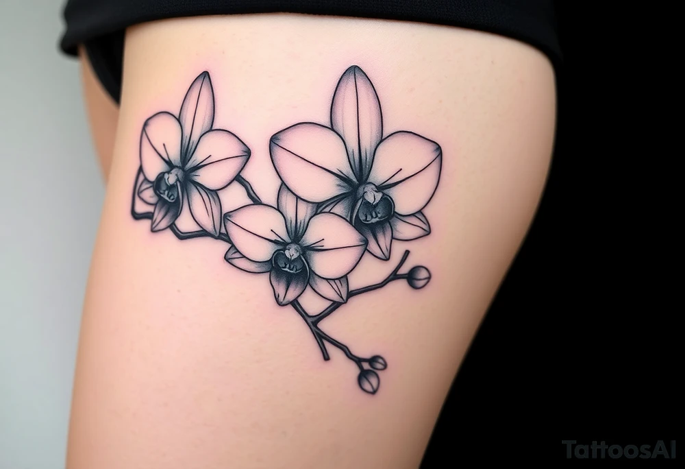 Three line orchids different size realistic and a mix of vagina. Are connected with branches tattoo idea