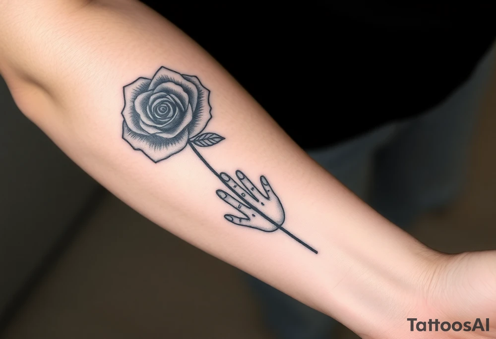 A tattoo on the forearm with a rose that goes around the forearm with space to put clouds red ink with a palm tattoo idea