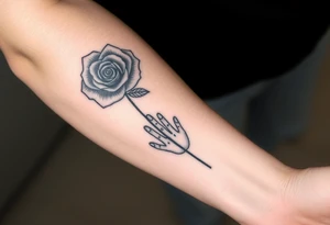 A tattoo on the forearm with a rose that goes around the forearm with space to put clouds red ink with a palm tattoo idea