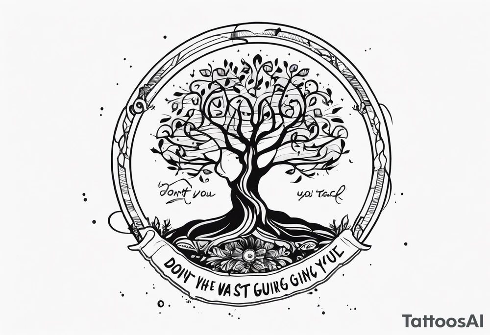 Tree of life combination with the text of "dont waste your time back you're not going that way" tattoo idea