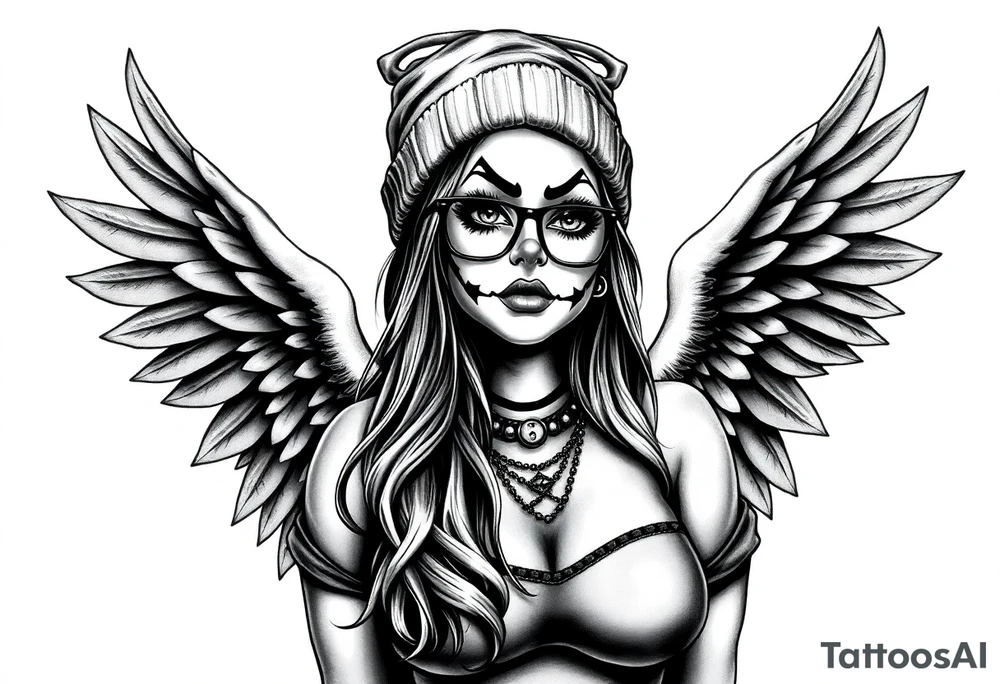 Chicana BBL fat sexy chunky plus size beautiful long hair clown makeup angel wings thug beanie eyeglasses tattoo idea