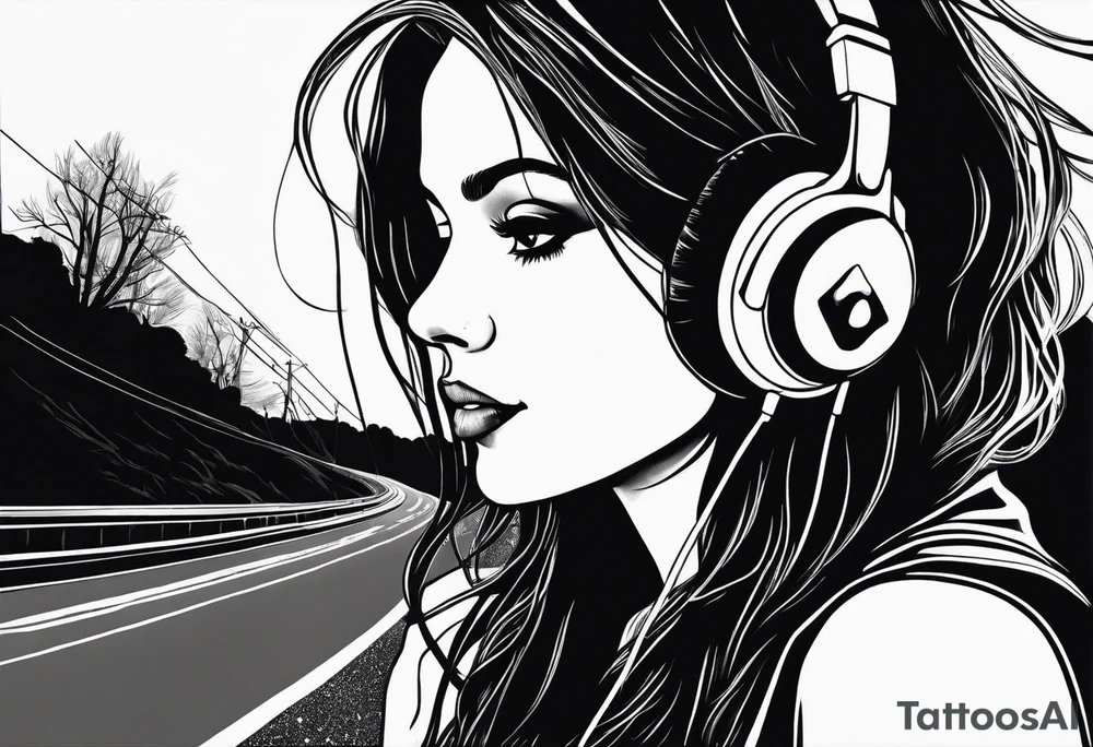 a girl listening to music along a dark road at night showing her shadow tattoo idea