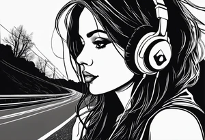 a girl listening to music along a dark road at night showing her shadow tattoo idea