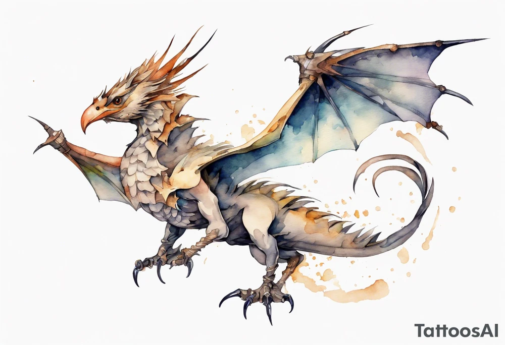 a watercolor of a bird-wyvern hybrid wearing an iron crown, flying tattoo idea