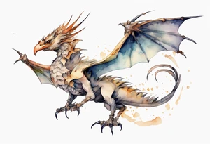 a watercolor of a bird-wyvern hybrid wearing an iron crown, flying tattoo idea