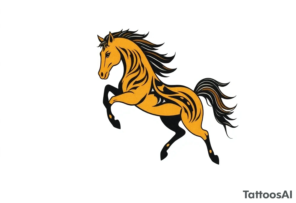 The tattoo represents a supernatural encounter with a golden horse with jet-black fur in the mountains of Choquequirao (Cusco, Peru). This mysterious, fleeting horse symbolizes strength, energy, and spiritual rebirth. It appeared at full speed, its hooves shaking the ground, its breath so powerful it drowned out all other sounds. The narrator felt no fear, only awe as the horse took a perfect curve, muscles tense, radiating power and grace. Its presence transformed the narrator, giving them the energy to complete an exhausting trek and leaving them with a profound connection to something greater. The tattoo aims to capture the essence of this moment: strength, speed, beauty, and the spirit of the mountain. tattoo idea